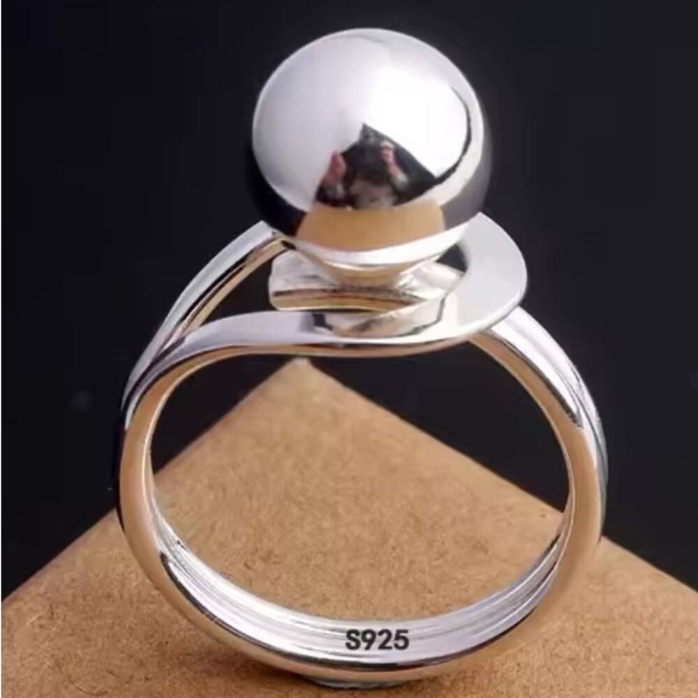 Sterling Silver Plated Ball Adjustable Sculptural Statement Ring